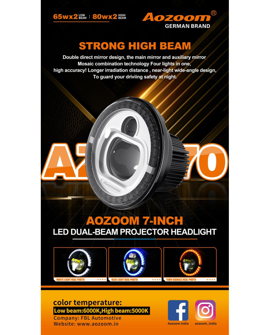 Aozoom 7 Inch LED Dual Beam Projector Headlight  | AZ 7070 | Plug N Play Socket | Suitable for Almost Cars with 3 inch Bumper Portion | TH -04