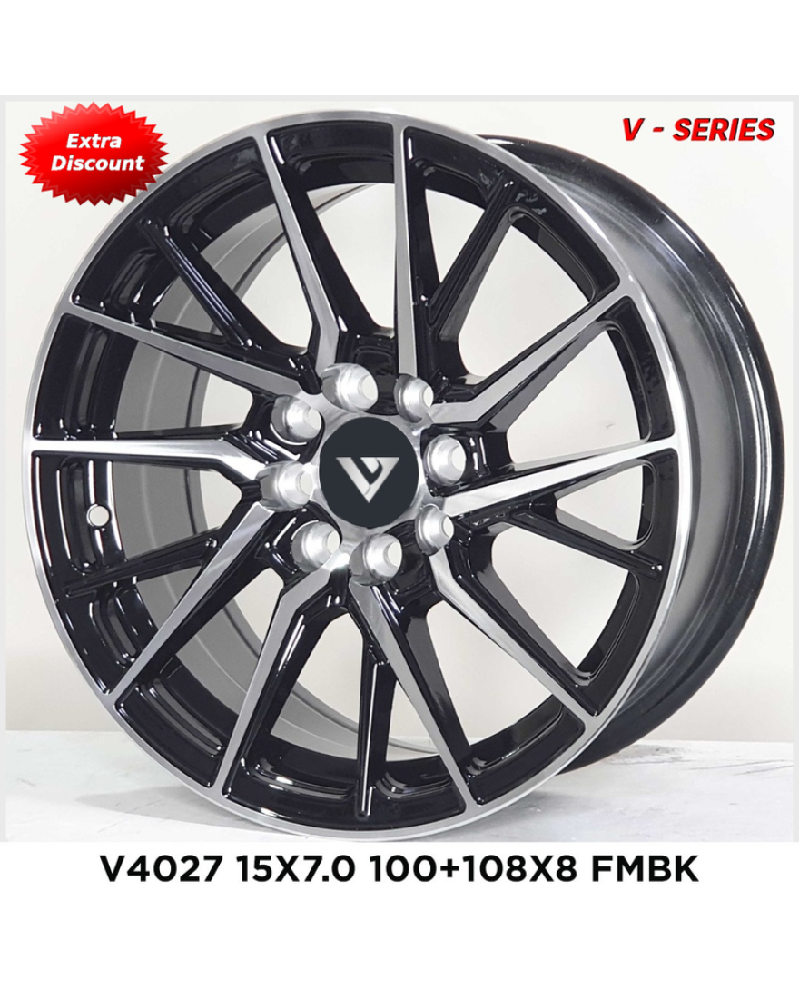 V-4027 in FMBK finish. The Size of alloy wheel is 15x7 inch and the PCD is 8x100/108(SET OF 4)