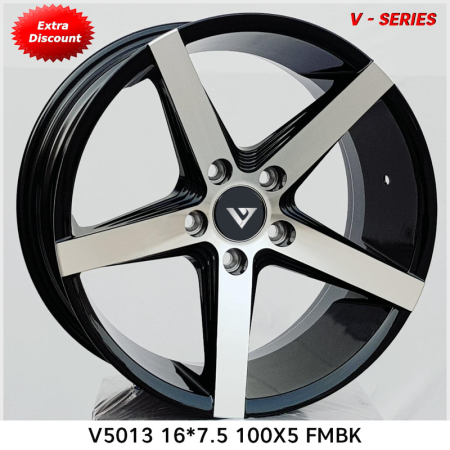 V-5013 in FMBK.The Size of alloy wheel is 16x7.5 inch and the PCD is 5x100 V-5013 in FMBK.The Size of alloy wheel is 16x7.5 inch and the PCD is 5x100