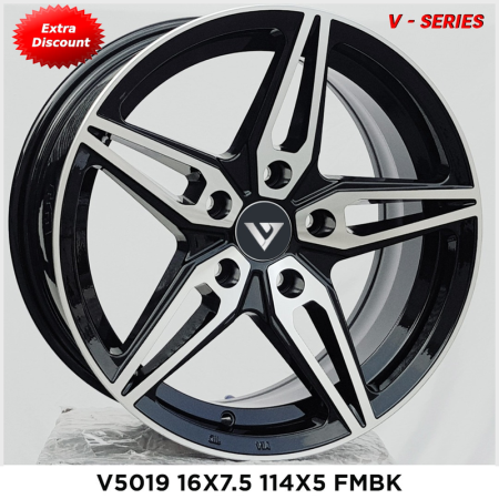 V-5019 in FMBK finish. The Size of alloy wheel is 16x7 inch and the PCD is 5x114.3 V-5019 in FMBK finish. The Size of alloy wheel is 16x7 inch and the PCD is 5x114.3
