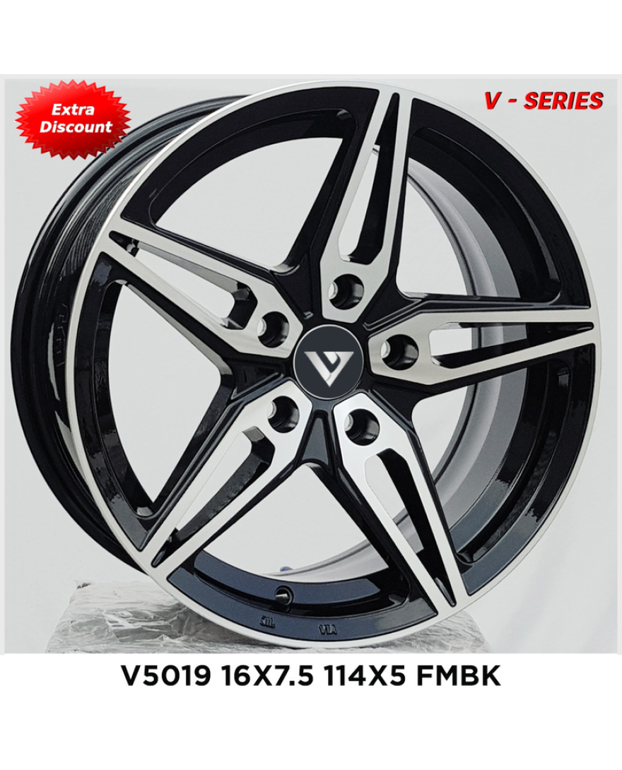 V-5019 in FMBK finish. The Size of alloy wheel is 16x7 inch and the PCD is 5x114.3