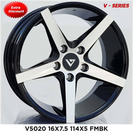 V-5020 in FMBK finish. The Size of alloy wheel is 16x7.5 inch and the PCD is 5x114.3 V-5020 in FMBK finish. The Size of alloy wheel is 16x7.5 inch and the PCD is 5x114.3