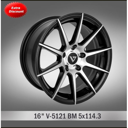 V-5121 in Black Machined finish. The Size of alloy wheel is 16x7 inch and the PCD is 5x114.3 V-5121 in Black Machined finish. The Size of alloy wheel is 16x7 inch and the PCD is 5x114.3