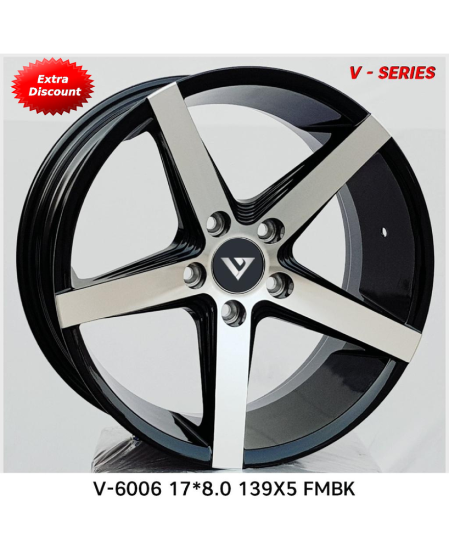 V-6006 in FMBK finish. The Size of alloy wheel is 17x8 inch and the PCD is 5x139.7(SET OF 4)