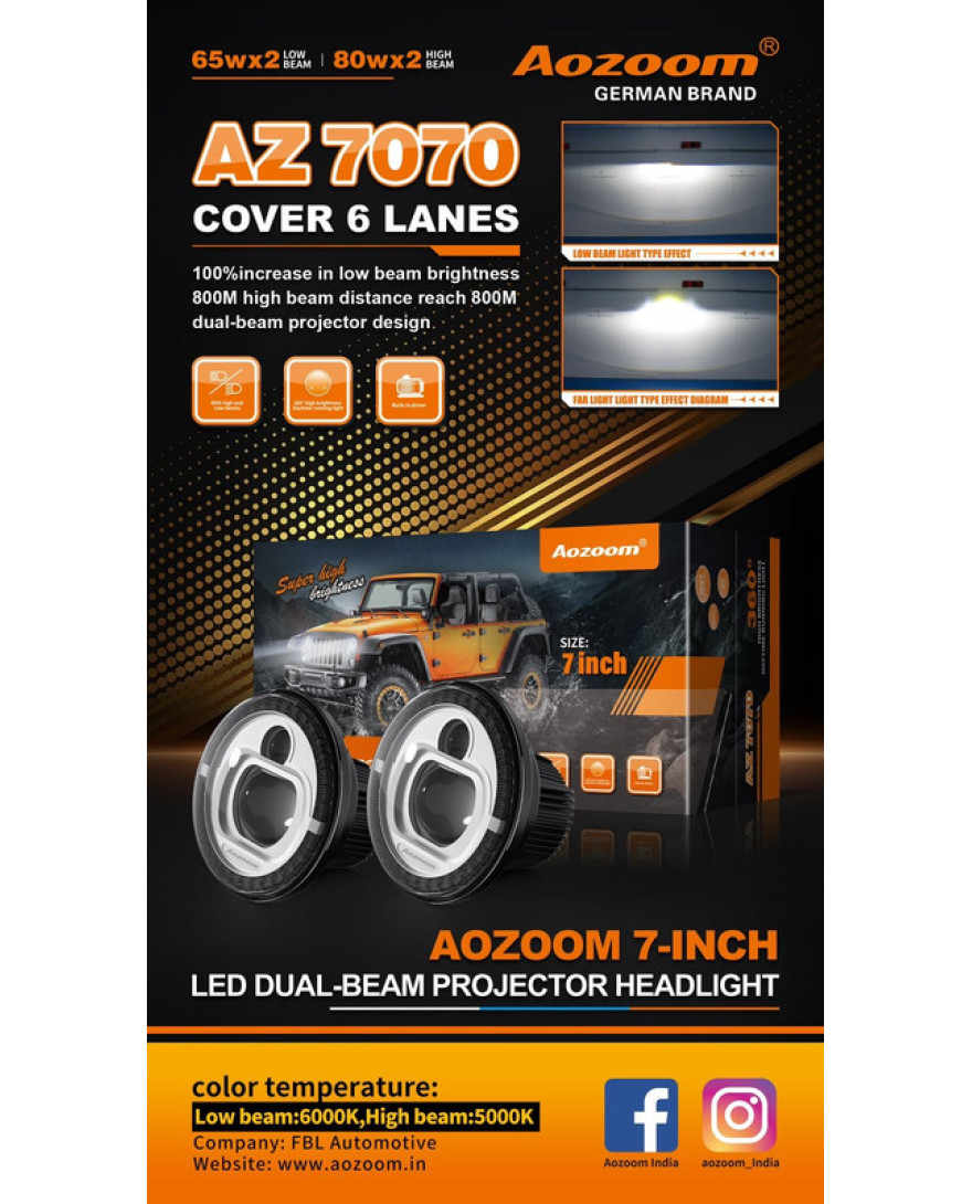 Aozoom 7 Inch LED Dual Beam Projector Headlight  | AZ 7070 | Plug N Play Socket | Suitable for Almost Cars with 3 inch Bumper Portion
