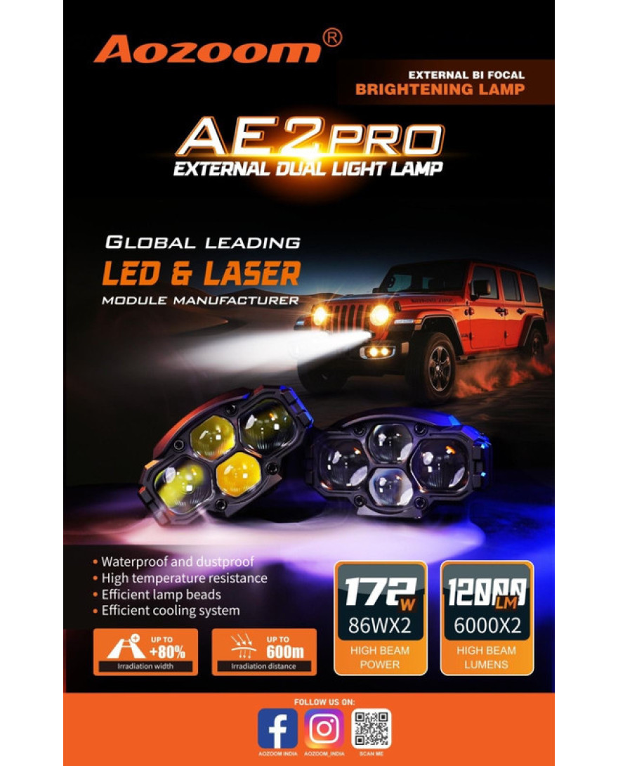 Aozoom Auxiliary Light AE2PRO External Dual Light Lamp | External BI Focal Brightening Lamp | High Beam Lumens 12000LM | High Beam Power 172W