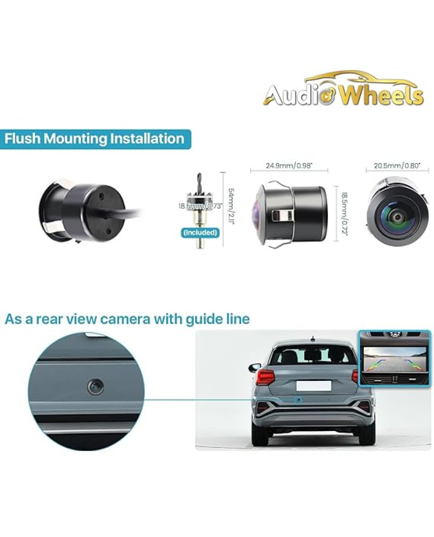 Audio Wheels Fisheye Lens AHD 720P Rear View Car Reverse Camera for Cars | 170° Wide Angle, Night Vision, and Water-Resistant. Compatible with Car Android Monitors for Effortless Reverse Parking.