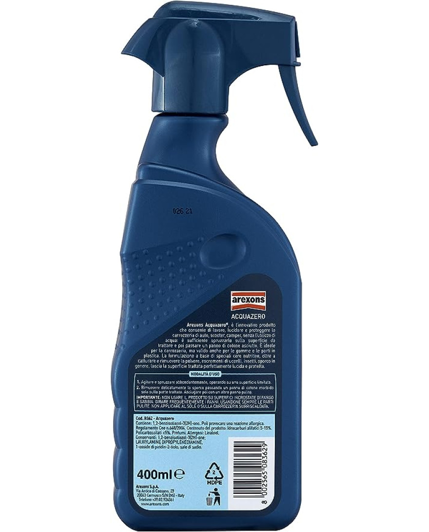 Arexons Acquazero Waterless Wash, Polish, and Protect for Cars And Motorcycles, 400ML | Suitable for Bodywork, Tyres, and Plastic Parts | Captures and Removes Dust, Bird Droppings, Insects, and Dirt