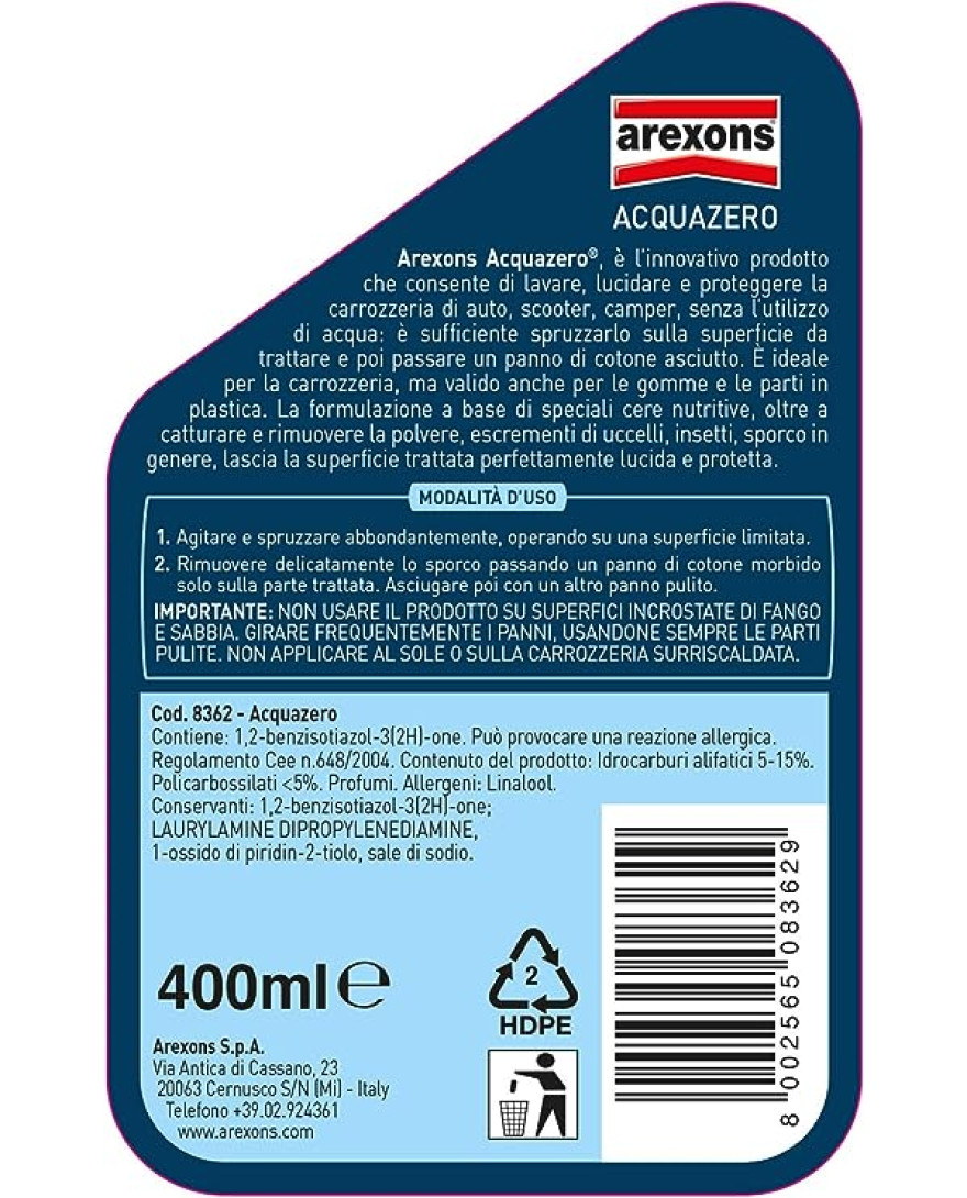 Arexons Acquazero Waterless Wash, Polish, and Protect for Cars And Motorcycles, 400ML | Suitable for Bodywork, Tyres, and Plastic Parts | Captures and Removes Dust, Bird Droppings, Insects, and Dirt