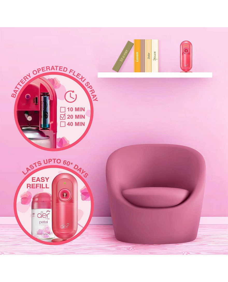 Godrej aer Matic Kit | Machine + 1 Refill | Automatic Room Fresheners with Flexi Control Spray | Petal Crush Pink | 2200 Sprays Guaranteed | Lasts up to 60 days |225ml