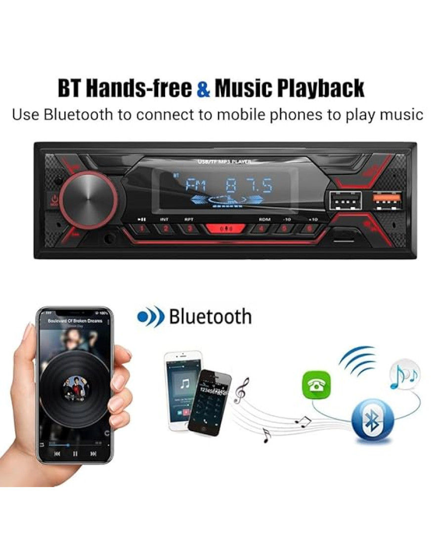 Audio Wheels Car Radio Bluetooth Single DIN Car Stereo Audio, MP3 Player Car Stereo 1 DIN with Bluetooth Handsfree/FM/Dual USB/TF/AUX/EQ/Quick Charge, with Wireless Remote Control | S 720