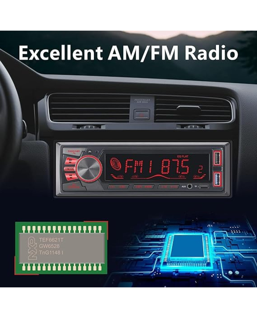 Audio Wheels Car Radio Bluetooth Single DIN Car Stereo Audio, MP3 Player Car Stereo 1 DIN with Bluetooth Handsfree/FM/Dual USB/TF/AUX/EQ/Quick Charge, with Wireless Remote Control | S 820