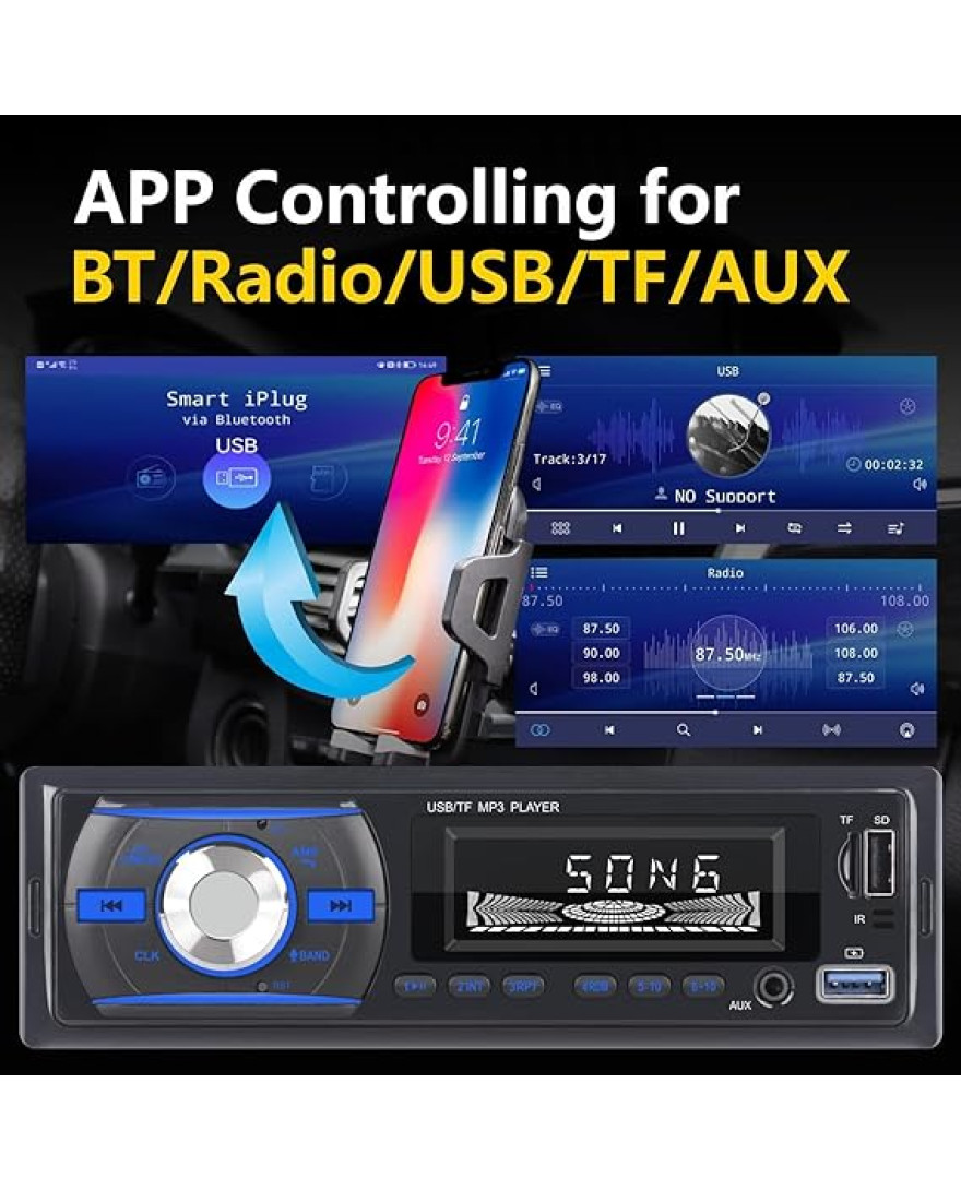 Audio Wheels Car Radio Bluetooth Single DIN Car Stereo Audio, MP3 Player Car Stereo 1 DIN with Bluetooth Handsfree/FM/Dual USB/TF/AUX/EQ/Quick Charge, with Wireless Remote Control | S 920