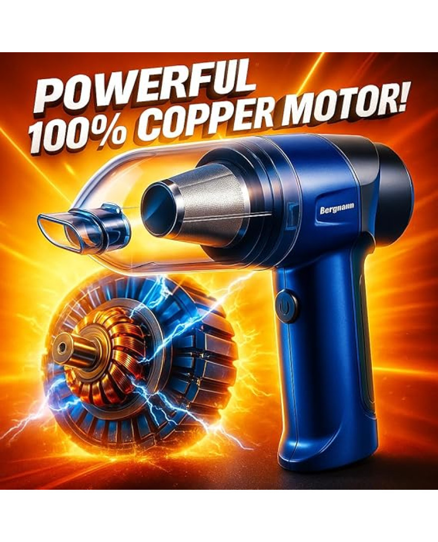 Bergmann Windsor Cordless 2in1 Vacuum Cleaner And Blower | 100% Copper Motor | High Suction | Washable Stainless Steel HEPA Filter | 6 Attachments | Compact And Portable | Blue