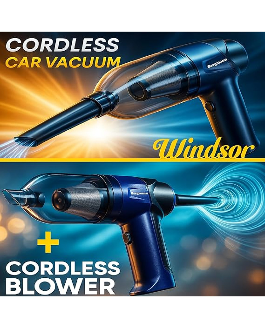 Bergmann Windsor Cordless 2in1 Vacuum Cleaner And Blower | 100% Copper Motor | High Suction | Washable Stainless Steel HEPA Filter | 6 Attachments | Compact And Portable | Blue