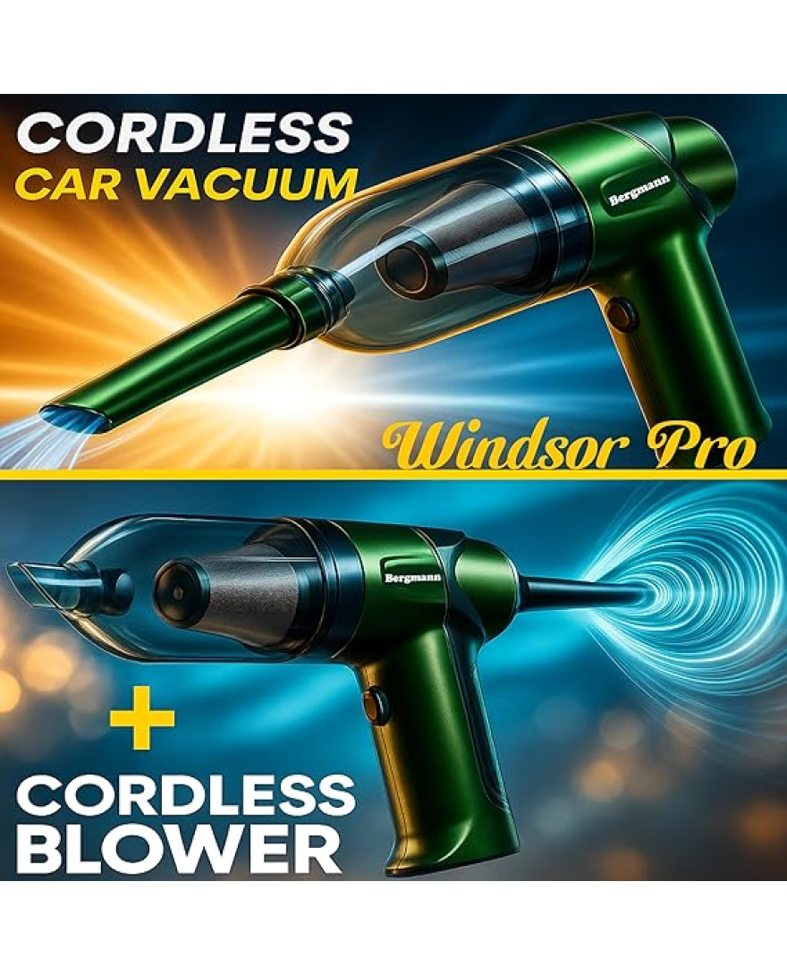 Bergmann Windsor PRO Cordless 2in1 Vacuum Cleaner And Blower | 100% Copper BLDC Brushless Motor | 2 Levels of Suction | Washable Stainless Steel HEPA Filter | 6 Attachments | Green