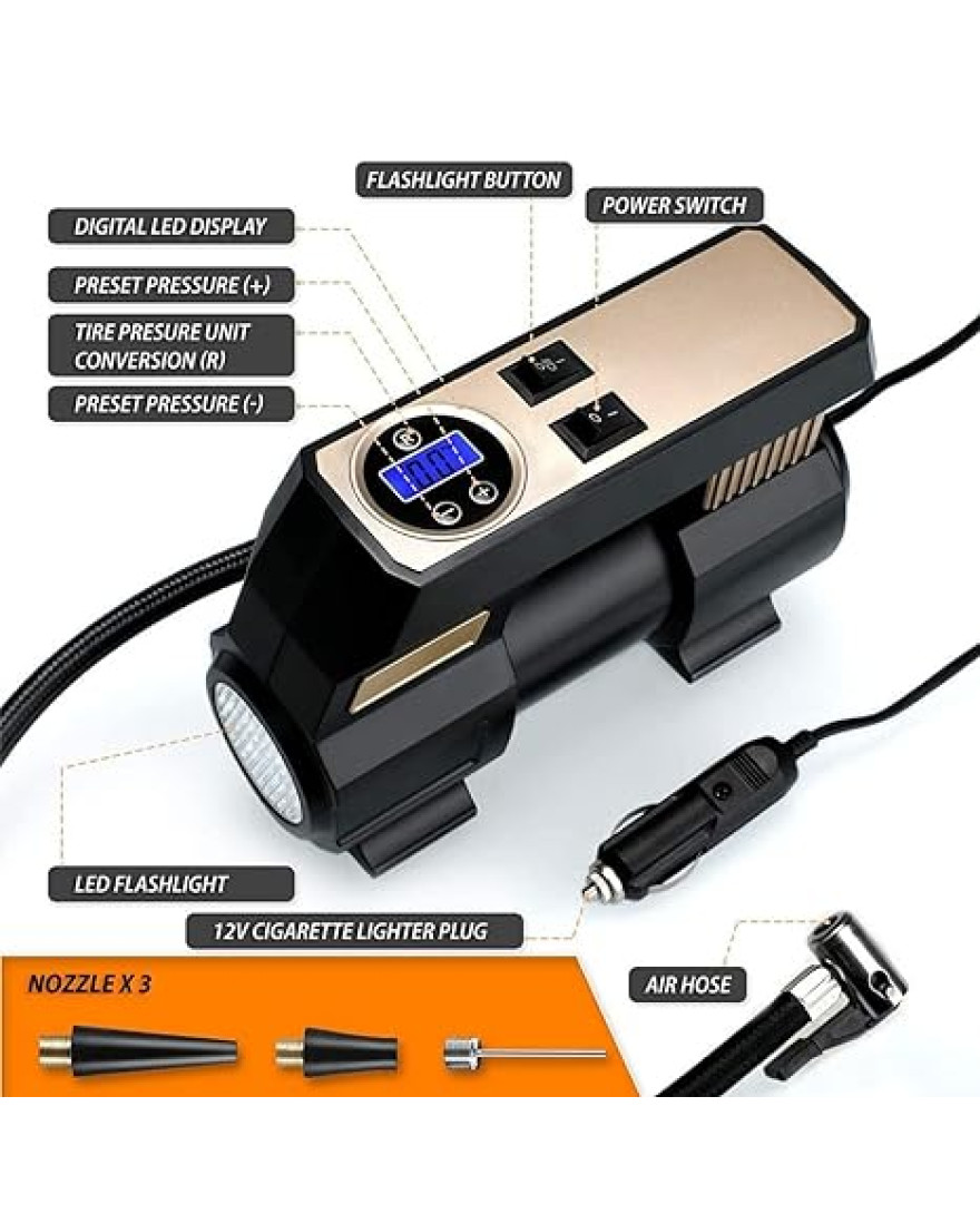 Heavy Duty Blockbuster BBT 310 | Tire Inflator Metal and Plastic Body with Digital Gauge, Tyre Inflator, Universal for All Vehciles, High Power and Speed Inflation