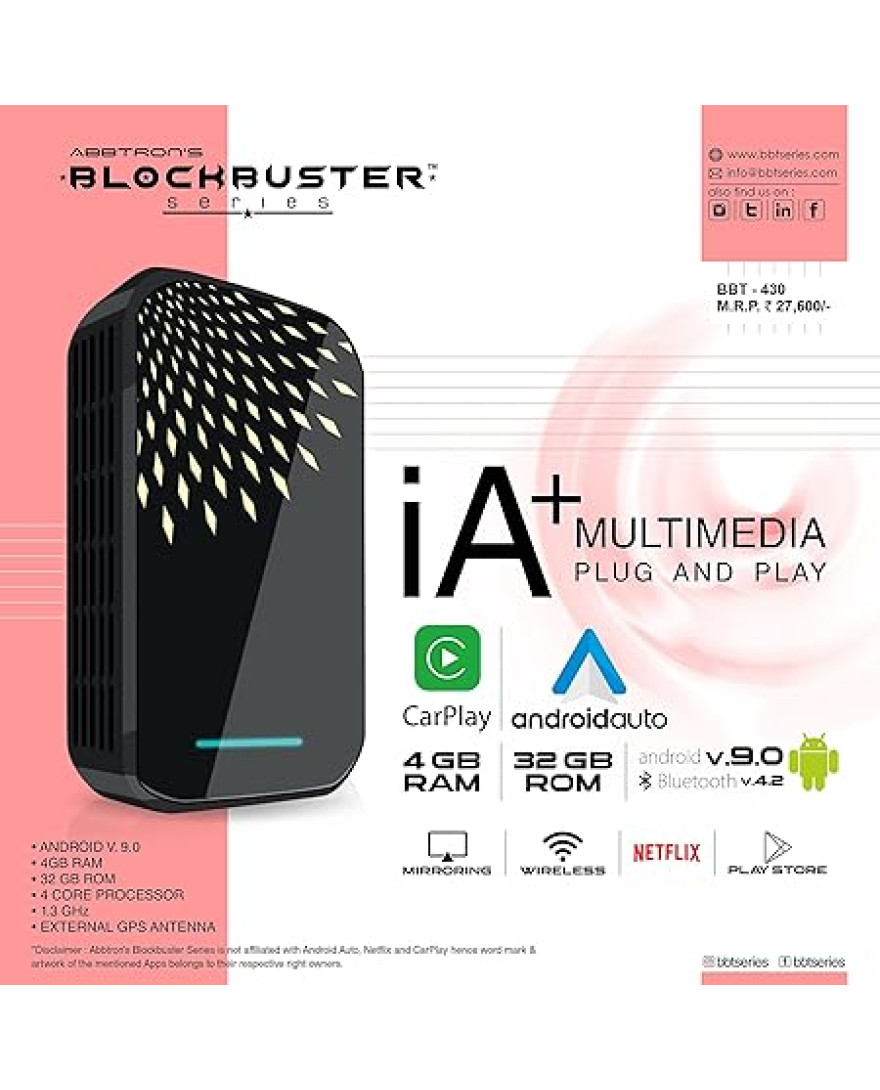 Block Buster BBT 430 | iA+ Multimedia Smart Car Adapter | 4GB RAM | 32GB ROM | Android Auto And Apple Car Play | 4 Core Processor | External GPS Antenna | Wireless Connectivity