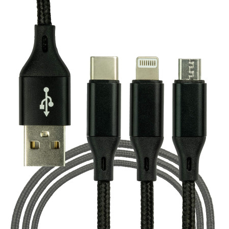 Blackcat 3-in-1 Braided Cable | 3.1 Amp Fast Charge Extra Tough Unbreakable 4Feet (1.2m) Long for Micro USB, iPhone lightning and Type C Smartphones