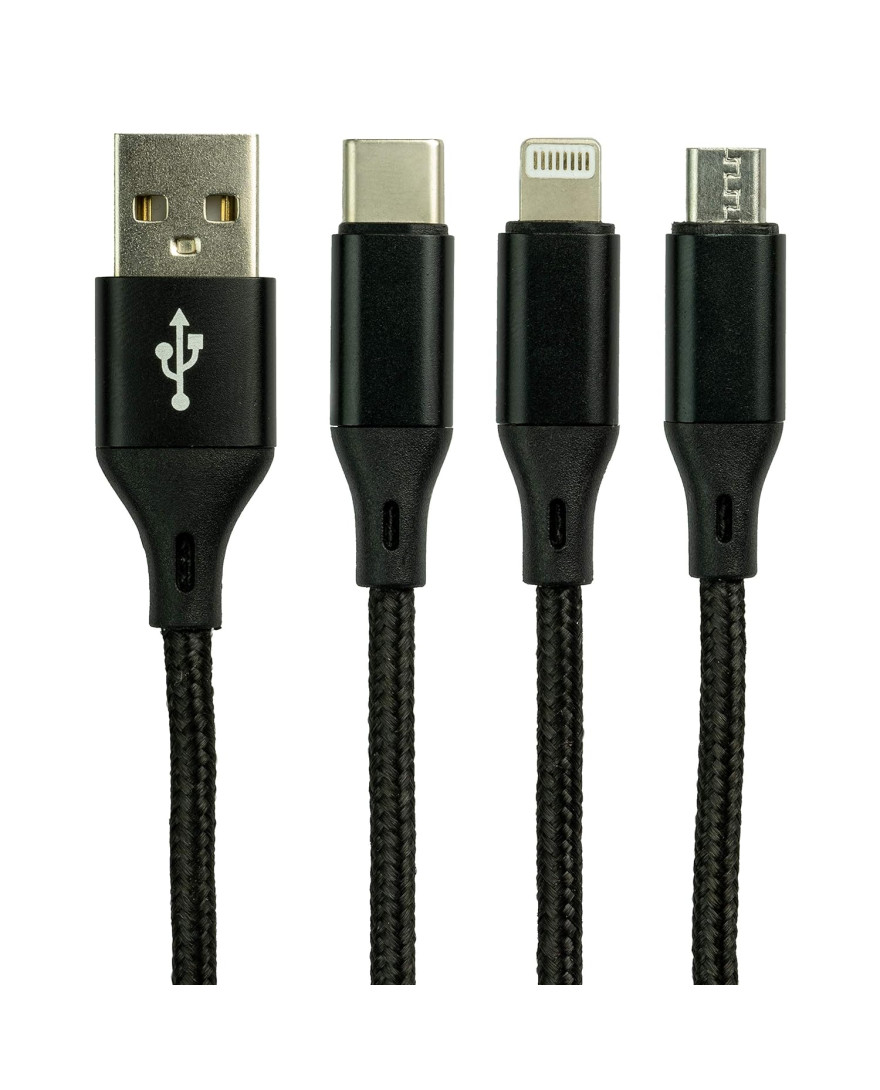 Blackcat 3-in-1 Braided Cable | 3.1 Amp Fast Charge Extra Tough Unbreakable 4Feet (1.2m) Long for Micro USB, iPhone lightning and Type C Smartphones