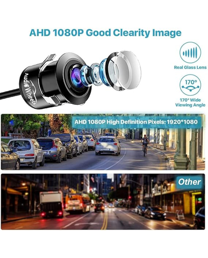 Audio Wheels AHD 1080P Car Reverse Backup Camera for Universal Vehicle Compatibility, Android Monitor Support, and Seamless AHD to CVBS Conversion