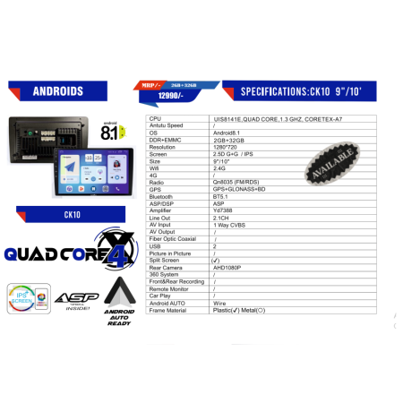 CASKA CK10 With Android 8.1 | 2+32G | 2.4G Wifi | Car Radio Player with Carplay Android Auto 9/10inch Car Multimedia Player