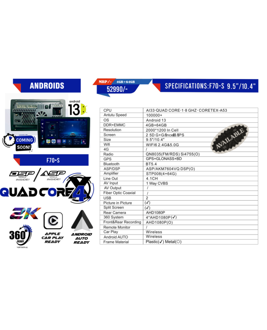 CASKA F70S With Android 13 | 4+64GB | WiFi6 2.4G &5G| Car Radio Player with Carplay Android Auto 9.5/10.4inch Car Multimedia Player | 360 Compartible | DSP | QUAD CORE