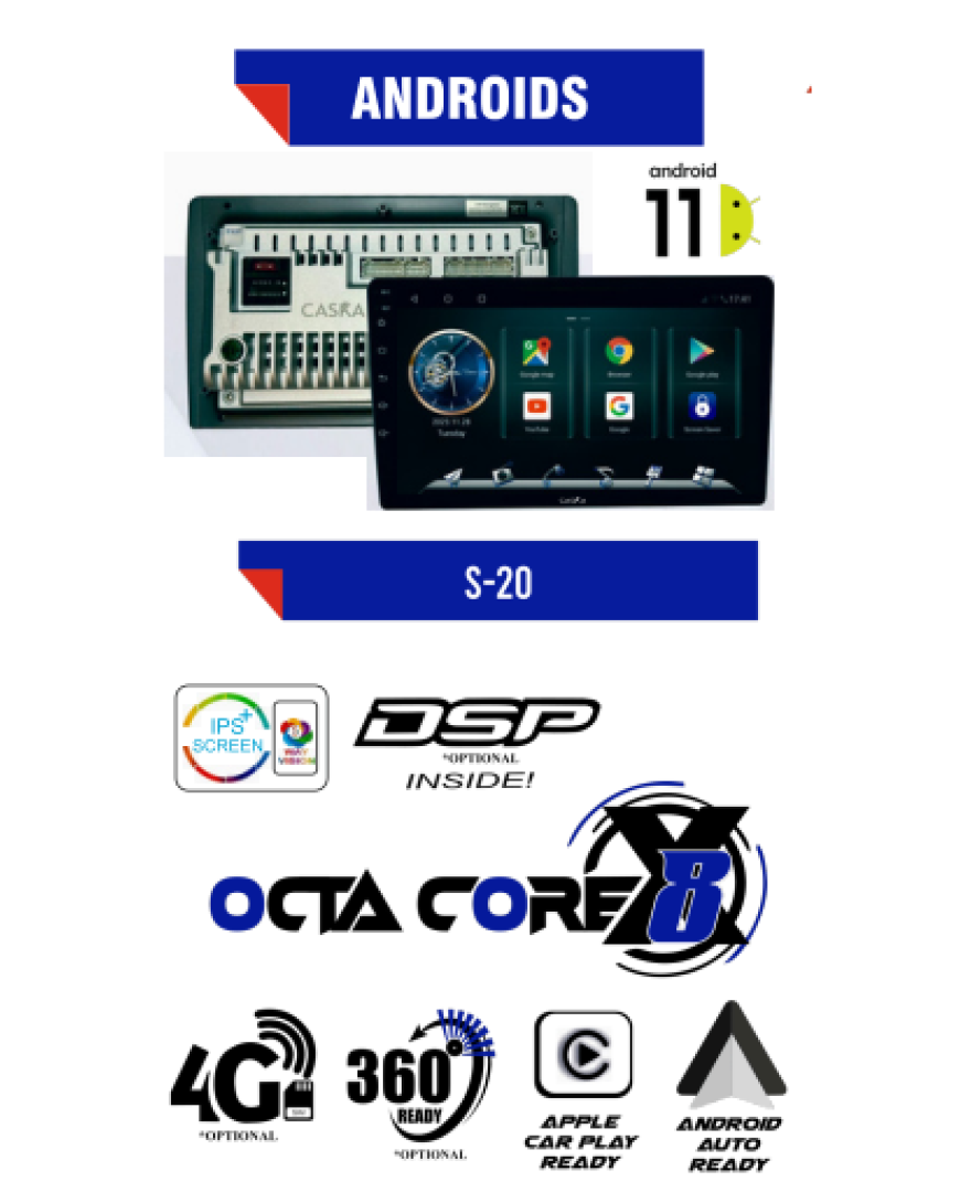 CASKA S20 With Android 11 | 4+64GB | WiFi5 2.4G &5G| Car Radio Player with Carplay Android Auto 9/10inch Car Multimedia Player | 360 Compartible | DSP | OCTA CORE | 4G Ready QUALCOMM