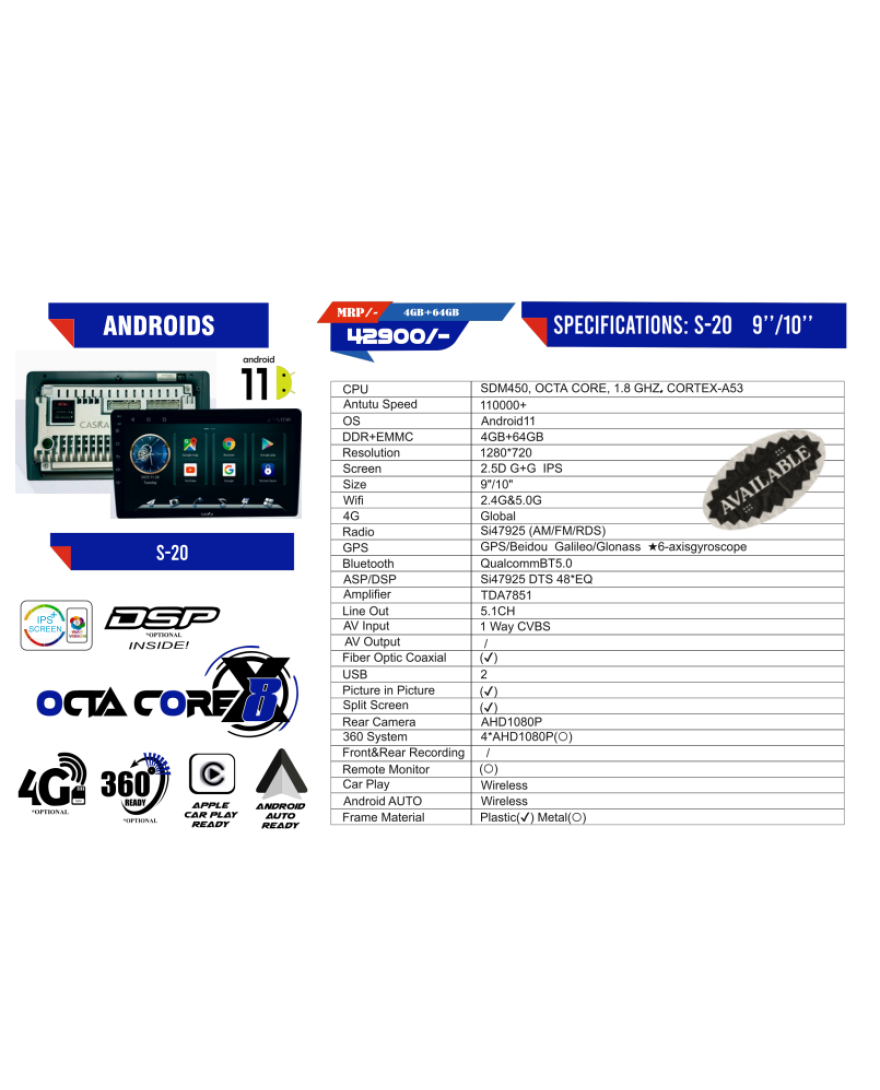 CASKA S20 With Android 11 | 4+64GB | WiFi5 2.4G &5G| Car Radio Player with Carplay Android Auto 9/10inch Car Multimedia Player | 360 Compartible | DSP | OCTA CORE | 4G Ready QUALCOMM