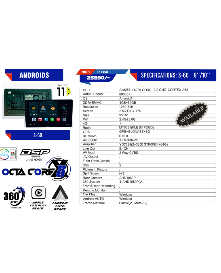 CASKA S60 With Android 11 | 4+64GB | WiFi5 2.4G &5G| Car Radio Player with Carplay Android Auto 9/10inch Car Multimedia Player