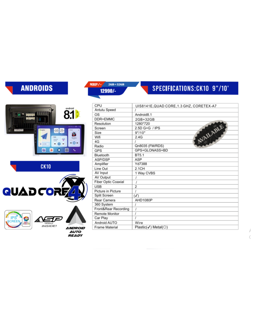 CASKA CK10 With Android 8.1 | 2+32G | 2.4G Wifi | Car Radio Player with Carplay Android Auto 9/10inch Car Multimedia Player