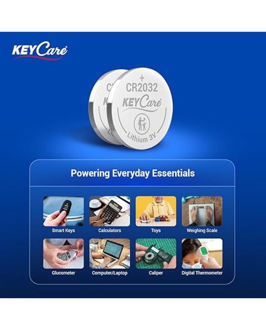 KeyCare Long Lasting CR2032 Lithium Coin Cell Battery | 3V Voltage | Environmentally Friendly | High Capacity | Pack of 5