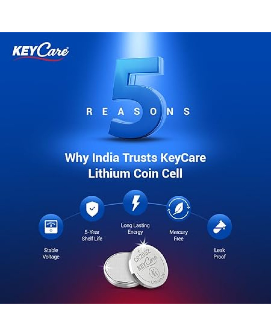 KeyCare Long Lasting CR2032 Lithium Coin Cell Battery | 3V Voltage | Environmentally Friendly | High Capacity | Pack of 5