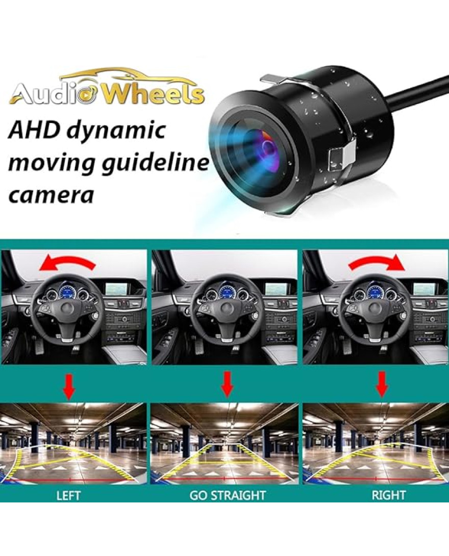 Audio Wheels Reverse Backup AHD Rear View Camera Wide Angle View Universal Car Reverse Camera Waterproof Car Parking Moving Car Reverse Camera only for Car Android Monitors.