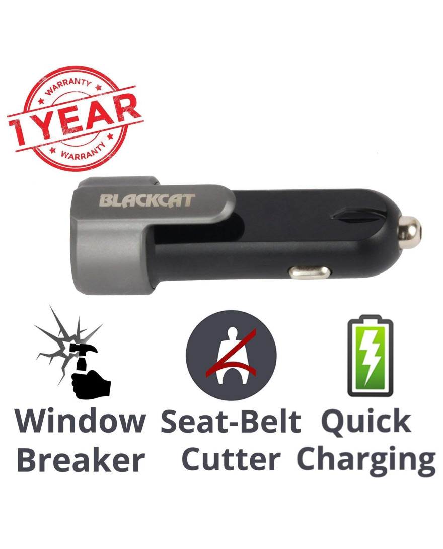 Blackcat Dual USB Safety Charger Resq | Fast Charger 3.1A | Hammer Tip Tungsten Carbide | Sharp Blade Seat Belt Cutter