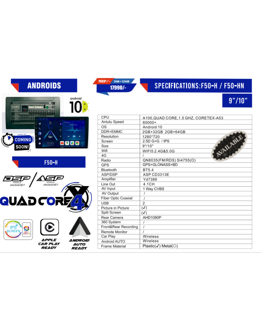 CASKA F50H With Android 10 | 2+32GB | WiFi5 2.4G &5G| Car Radio Player with Carplay Android Auto 9/10inch Car Multimedia Player