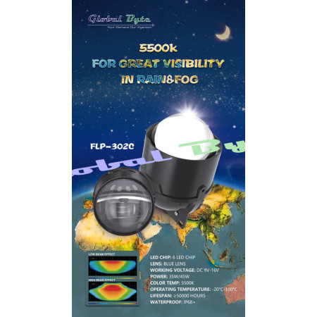Global Byte Fog Lamp  Projector 3inch 2cups  | 6 LED Chips with Blue Lens | Toyota Bracket | FLP-302C/T