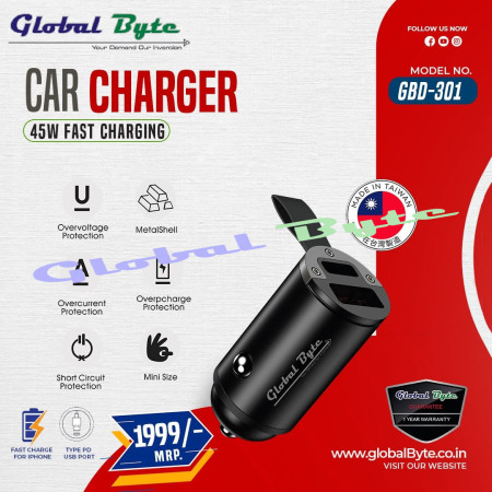 Global Byte Universal Car Charging Dock with 45W Fast Charging 1 USB And 1 Type C | GBD-301