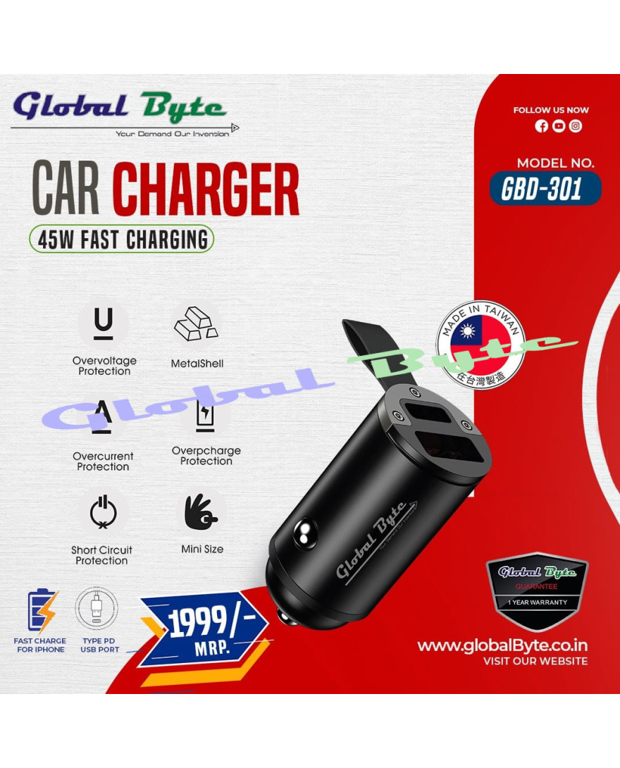 Car Charging Dock with 45W Fast Charging (1 USB & 1 Type C)