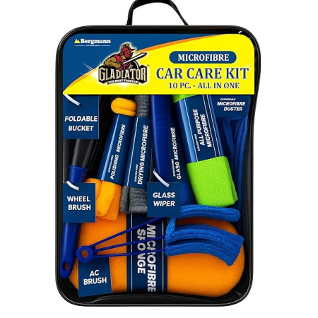 Bergmann Gladiator Microfibre Car Care Kit with Polishing Cloth, Glass Cloth, Drying Cloth, All-Purpose Cloth, Microfibre Sponge, Car Duster, Glass Wiper, Wheel Brush, AC Brush, Foldable Bucket, 10 pc Bergmann Gladiator Microfibre Car Care Kit with Polishing Cloth, Glass Cloth, Drying Cloth, All-Purpose Cloth, Microfibre Sponge, Car Duster, Glass Wiper, Wheel Brush, AC Brush, Foldable Bucket, 10 pc