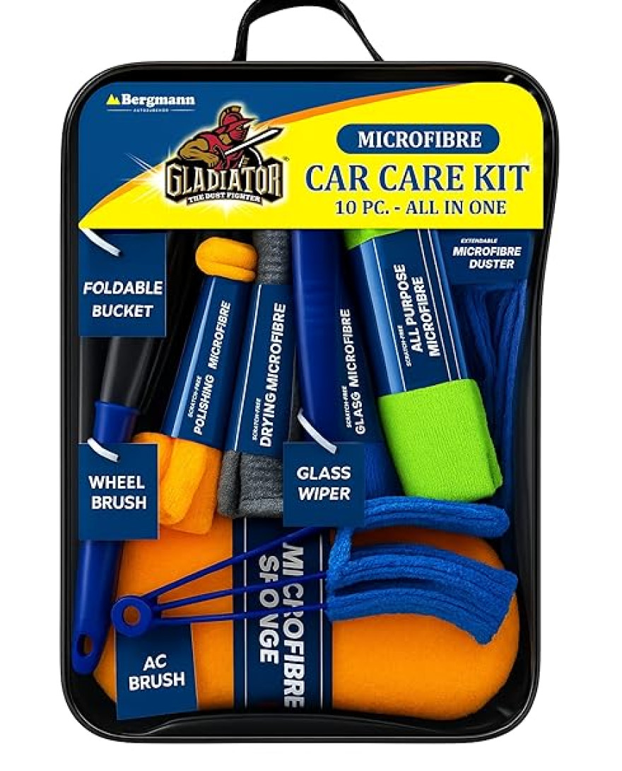 Bergmann Gladiator Microfibre Car Care Kit with Polishing Cloth, Glass Cloth, Drying Cloth, All-Purpose Cloth, Microfibre Sponge, Car Duster, Glass Wiper, Wheel Brush, AC Brush, Foldable Bucket, 10 pc