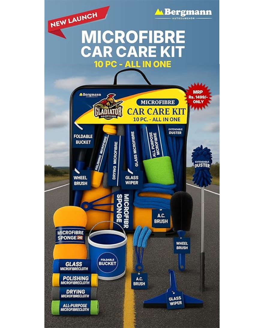 Bergmann Gladiator Microfibre Car Care Kit with Polishing Cloth, Glass Cloth, Drying Cloth, All-Purpose Cloth, Microfibre Sponge, Car Duster, Glass Wiper, Wheel Brush, AC Brush, Foldable Bucket, 10 pc