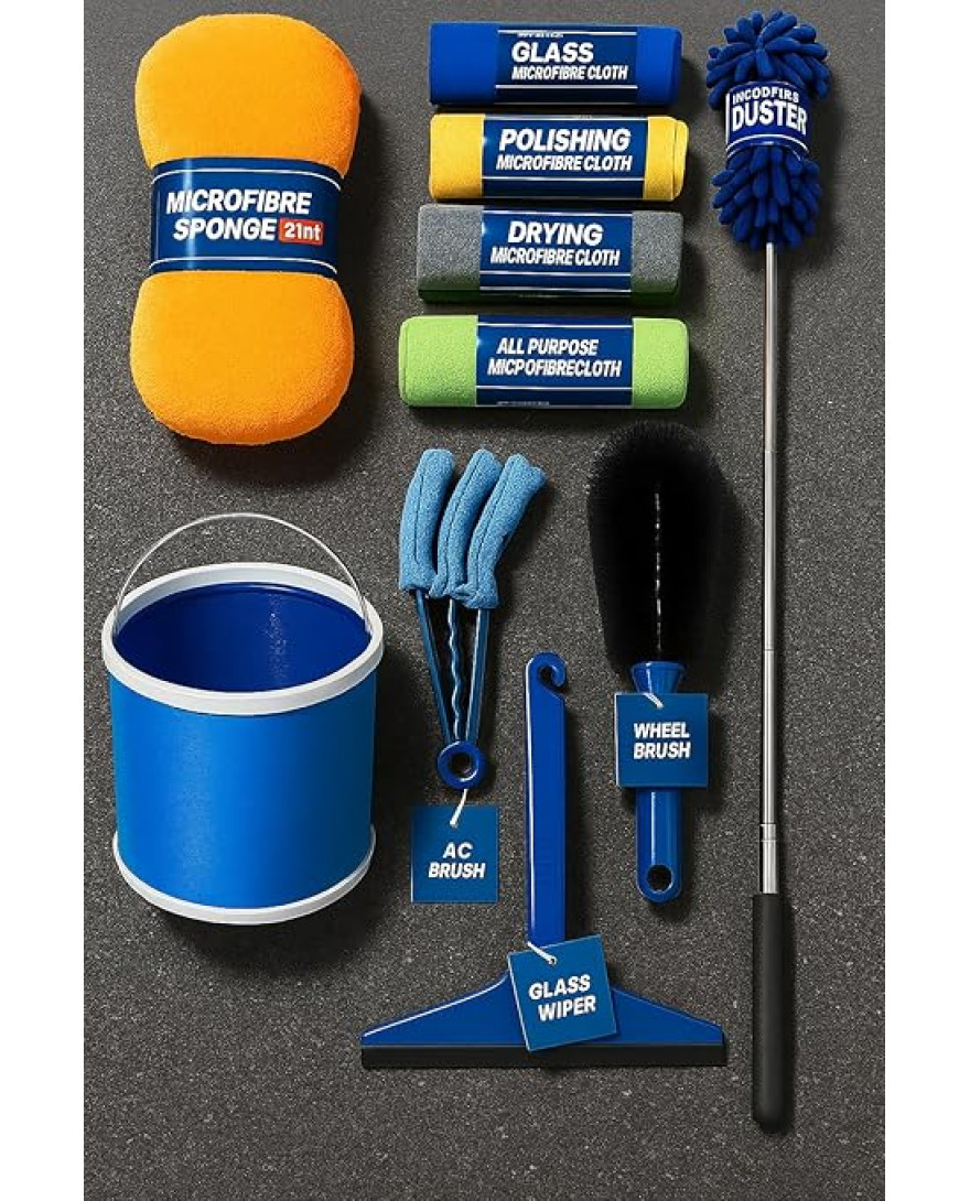 Bergmann Gladiator Microfibre Car Care Kit with Polishing Cloth, Glass Cloth, Drying Cloth, All-Purpose Cloth, Microfibre Sponge, Car Duster, Glass Wiper, Wheel Brush, AC Brush, Foldable Bucket, 10 pc