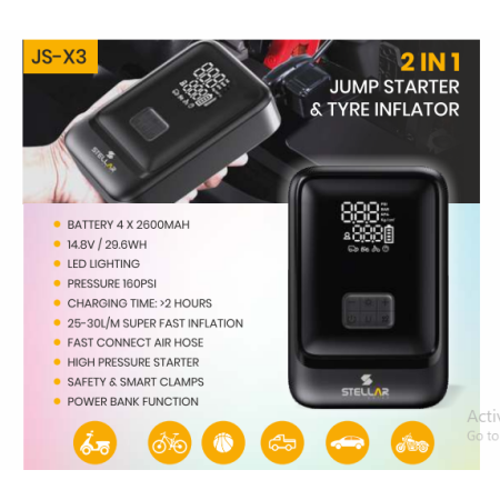 Stellar 2 IN 1 Jump Starter And Tyre Inflator | Power Bank Function | Safety & Smart Inflation JS-X3