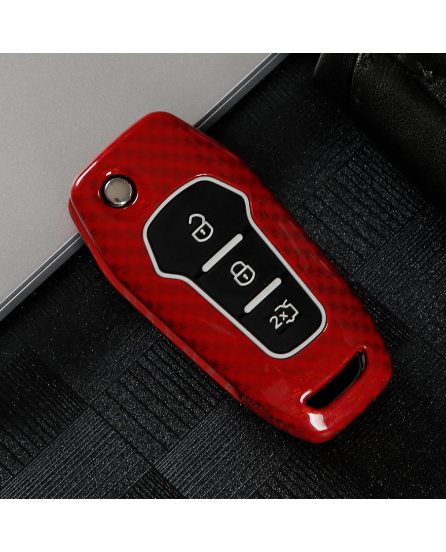 Keycare Premium Metal Alloy Key Cover for Ford ASPIRE, ENDEAVOR, ECOPSORT, NEW FIGO | Carbon Fiber Red Colour | Metal FOR 3