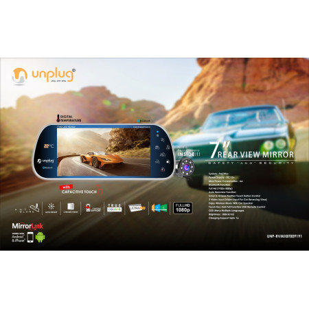 Unplug 7 Inch Black Rearview Mirror with Camera & Bluetooth
