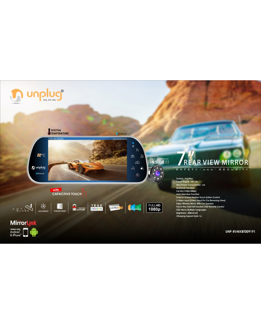 Unplug 7 Inch Black Rearview Mirror with Camera & Bluetooth