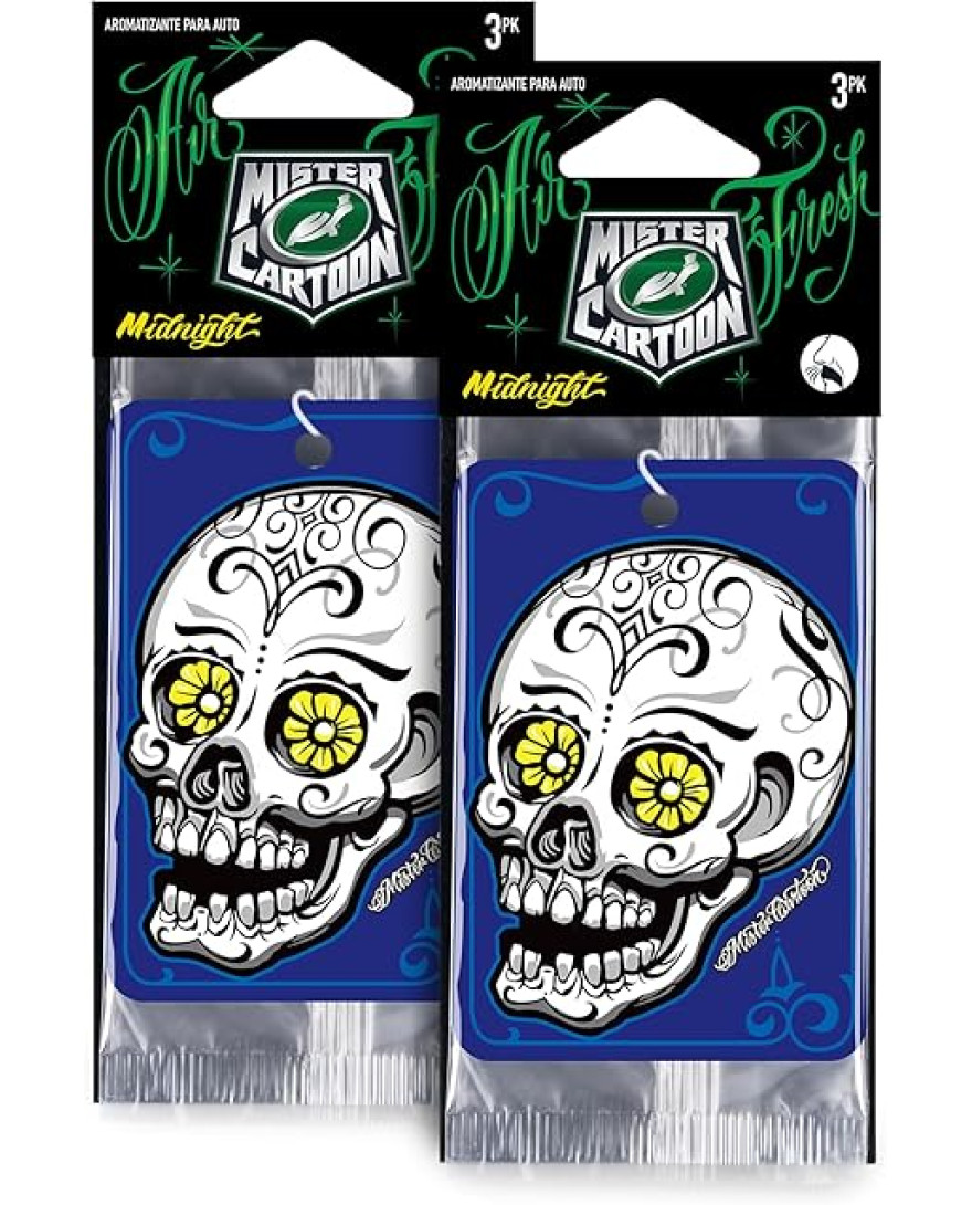 Turtle Wax X Mister Cartoon Air Fresh Odor Neutralizing Hanging Paper Air Freshener, Long Lasting, for Car And Home, Midnight Fragrance | Pack of 3