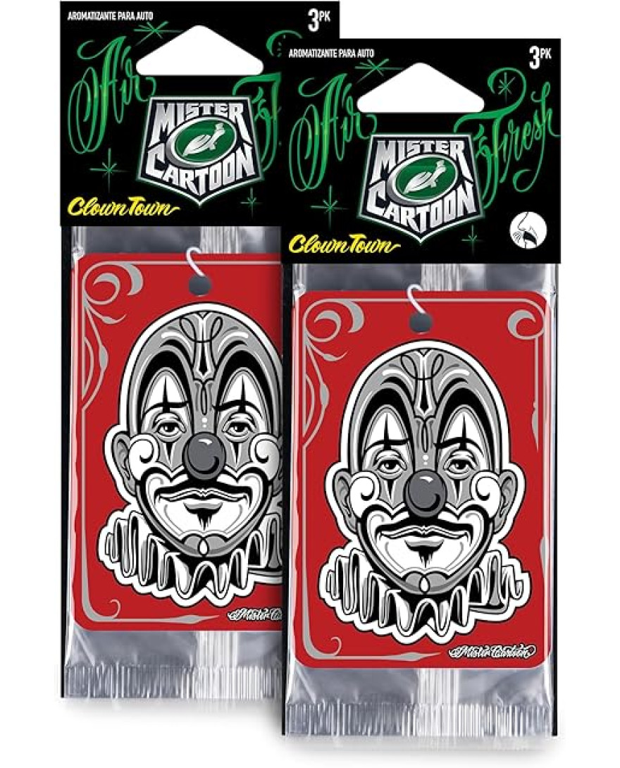 Turtle Wax X Mister Cartoon Air Fresh Odor Neutralizing Hanging Paper Air Freshener, Long Lasting, for Car And Home, Clown Town Fragrance | Pack of 3