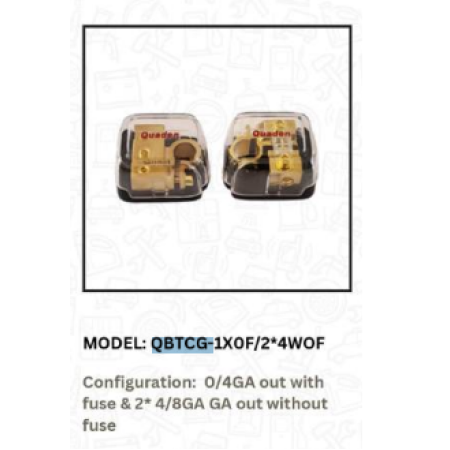 QUADEN Battery Terminal - 1*0GA/4GA out with Fuse & 2*4GA/8GA GA out without Fuse / GP / Copper | QBTCG-1x0F/2*4WOF QUADEN Battery Terminal - 1*0GA/4GA out with Fuse & 2*4GA/8GA GA out without Fuse / GP / Copper | QBTCG-1x0F/2*4WOF
